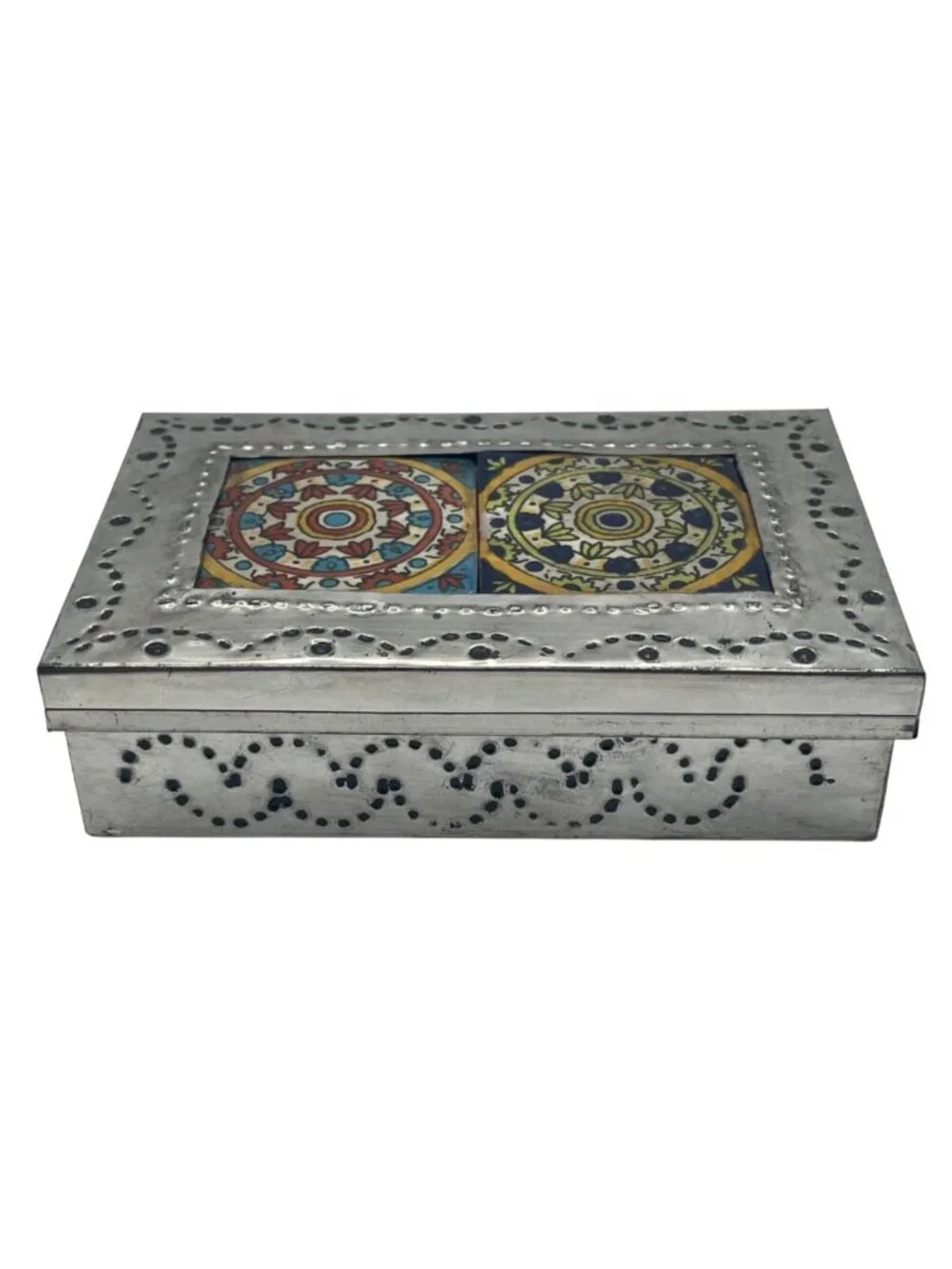 NEW Mexican Folk Art Hand Punched Tin Talavera Tiles Jewelry Trinket Box